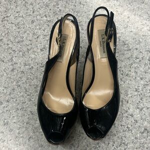 LK Bennett Sandals Black 39 UK 5 Patent Leather 4" Wedge Heel Cork Slingback
